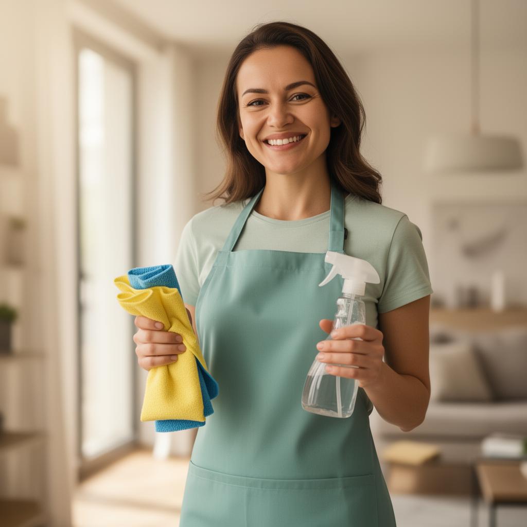 A friendly professional cleaner ready to start a job