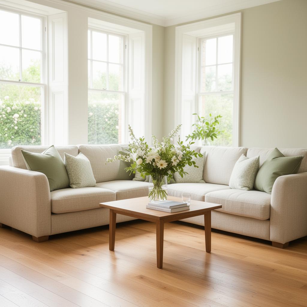 A bright, freshly cleaned UK living room with linen sofas and fresh flowers